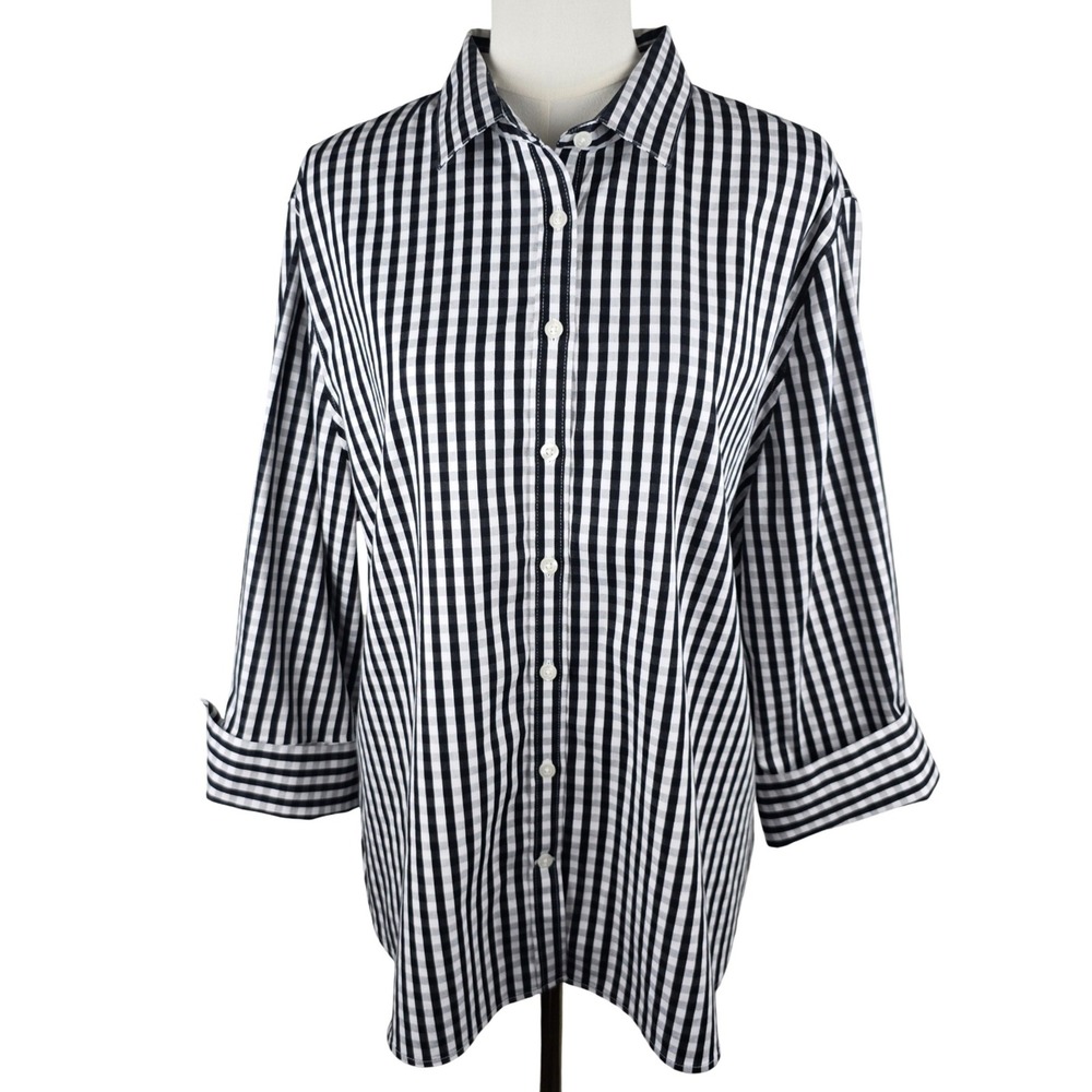 Chico's Sateen Shirt Women 4 / 20 Black White Gingham 3/4 Cuffed Sleeves Plus